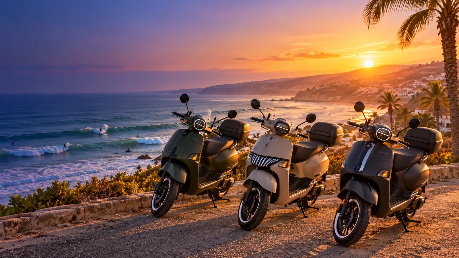 Cappuccino S and Mojito S scooters for rent on the coast road above the surf in Tamraght at sunset